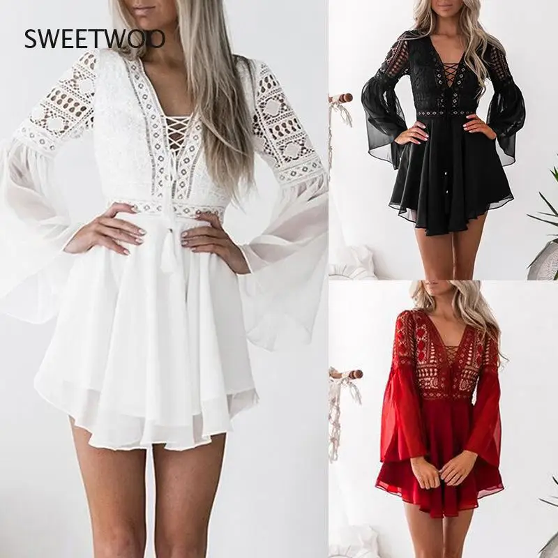 

Hollow Out White Dress Sexy Women Mini Chiffon Semi-Sheer Checkered Dress Plunge V-Neck Long Sleeve Crochet Lace Dress Black