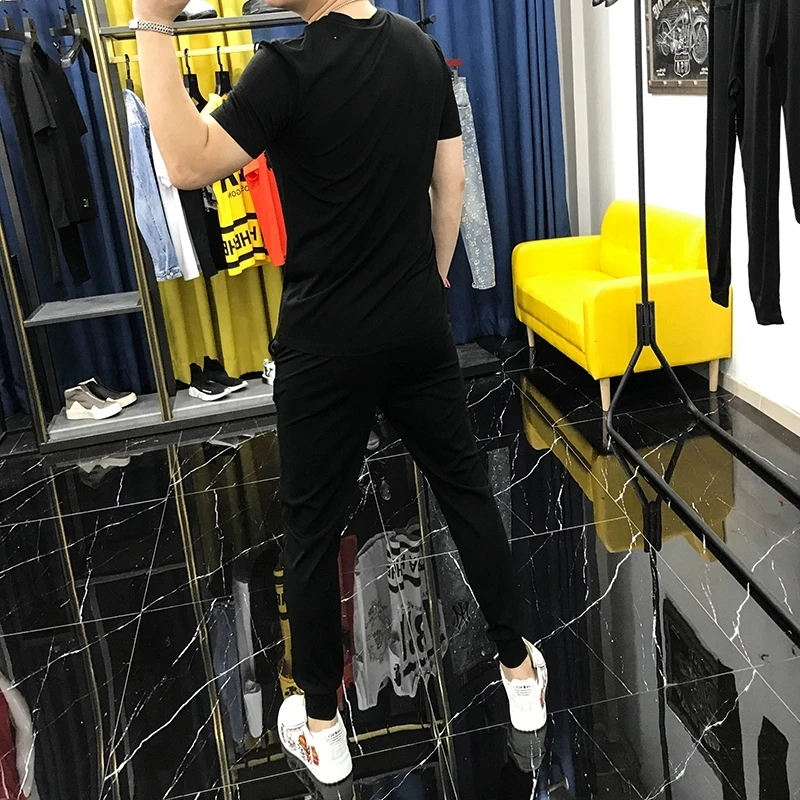 Male Hot Diamond Shiny Letters Casual Spring Men's Sets Outdoor Breathable Street T-Shirt Oversized Sweatshirt + Pants