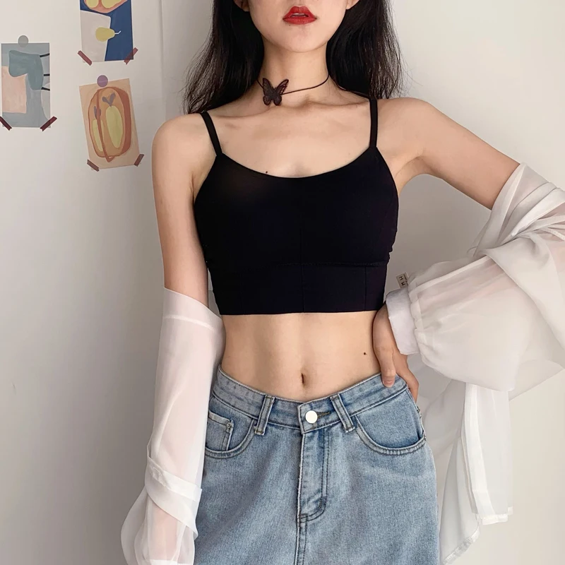 

Women Solid Color Sexy Tank Crop Tops Girls Fashion Basic Crop Top Black Bottoming Sleeveless Tanks Removable Padded Camisole