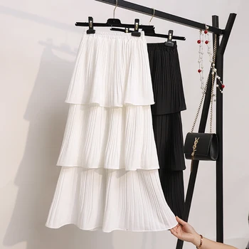 

New 2020 Women Dot Layer Skirt Fashion Elastic Waist White Chiffon Pleated Long Skrits Ladies Casual Clothes