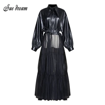 

2020 Autumn New Women'S Black Patchwork Pu Leather Mesh Sexy Female Coat Belt Lapels Long Sleeve Bodycon Party Long Coat