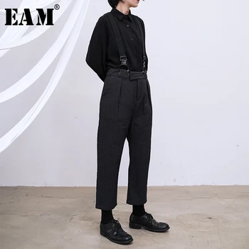 

[EAM] High Waist Black Long Cotton-padded Overalls Trousers New Loose Fit Pants Women Fashion Tide Spring Autumn 2020 1M739