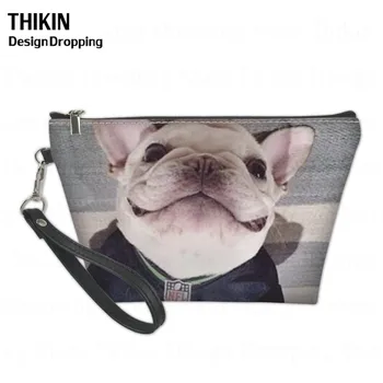 

THIKIN Cute 3D French Bulldog Printing Women's Comestic Makeup Bag Ladies Clutch PU Make Up Brush Pouch Travel Zipper Handbag