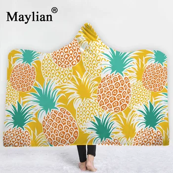 

Tropical plant pineapple Hooded Blanket Sherpa Fleece Ocean Blue Wearable plush Throw Blanket on Bed Sofa Thick warm B49