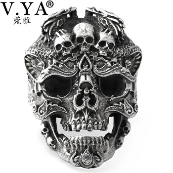 

V.YA 925 Sterling Silver Skull Ring for Men Adjustable Punk Rock Ring Many Skeletons Mens Gothic Vintage Jewelry