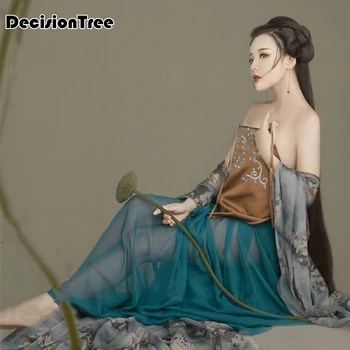 

2020 chinese traditional clothing ancient princess folk dance costume for women girls performance dress hanfu linen qing dynasty