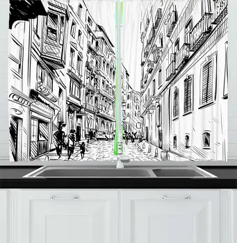 

Black White Cityscape Kitchen Curtains Urban Streets Scenery Apartments People European Town Sketch Panorama for Kitchen Cafe