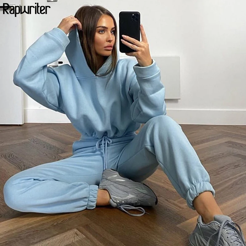 

Casual Autumn Winter Solid Crop Hoodies y2k Top And Joggers Woman Tracksuit 2020 Sweatshirt And Pants Suits Two Piece Set Women