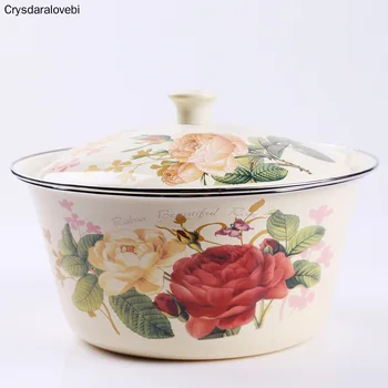 

Enamel Bowl Dish Thickened Large Capacity Vintage with Cover Pots Suitable for Kitchen Refrigerator Storage Food