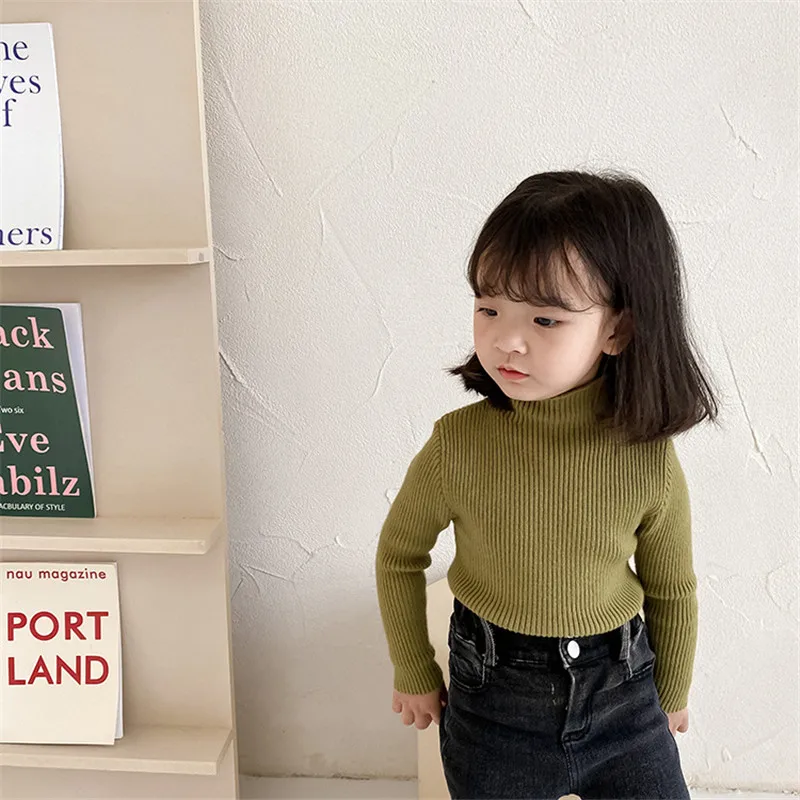 

Winter 2020 baby girls half high collar knitted sweaters kid child solid color high elastic all-match sweater