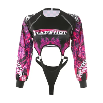 

2020 Sexy Sexy Hollow Out Flame Print Bodysuit Women Long Sleeve Streetwear Bodysuits 2020 Bodycon O-neck Bodysuits