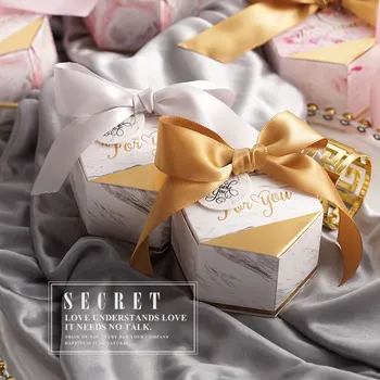 

New Marble Stripe Gift Box Hexagon Wedding Chocolate Ferrero Box Bronzing Candy Box Baking Packaing Wedding Party Decorations