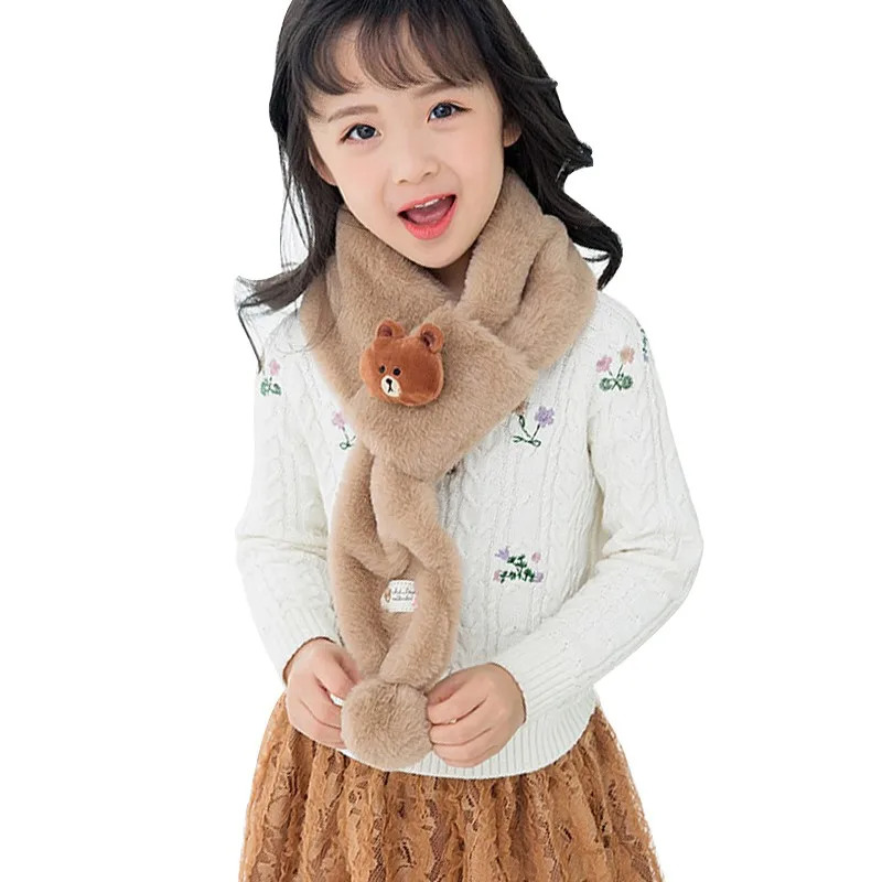 Детский шарф для девочек, плюшевый меховой шарф с милым рисунком медведя, декоративный воротник, шаль, теплая зимняя одежда