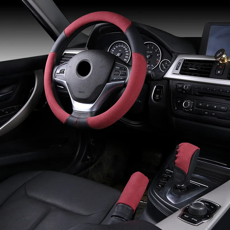 Розовый автомобильный чехол на руль 38 см, дышащий Противоскользящий ручной тормоз и шестерня, комплект для BMW Volkswagen, автомобильный Стайлинг