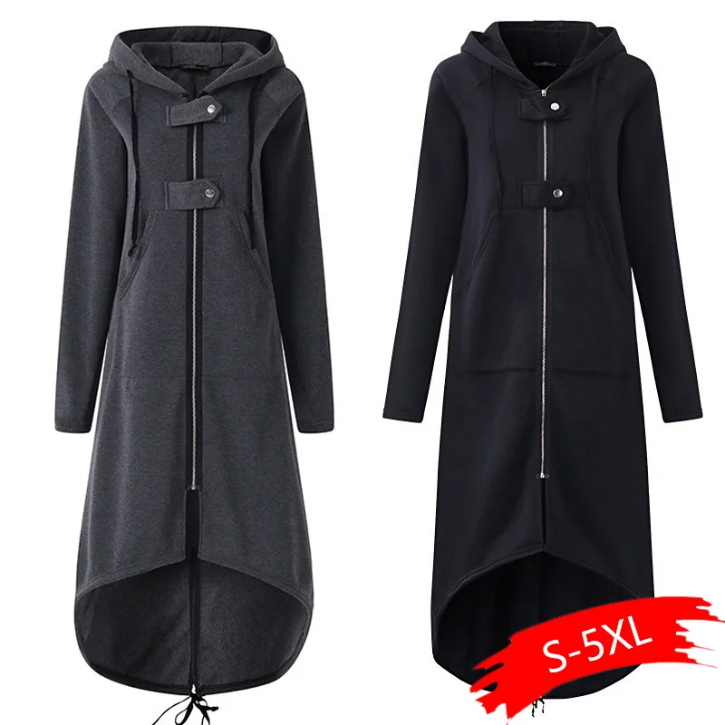 

Fashion Long Sleeve Hooded Trench Coat 2019 Autumn Black Zipper Plus Size 5XL Velvet Long Coat Women Overcoat Clothes