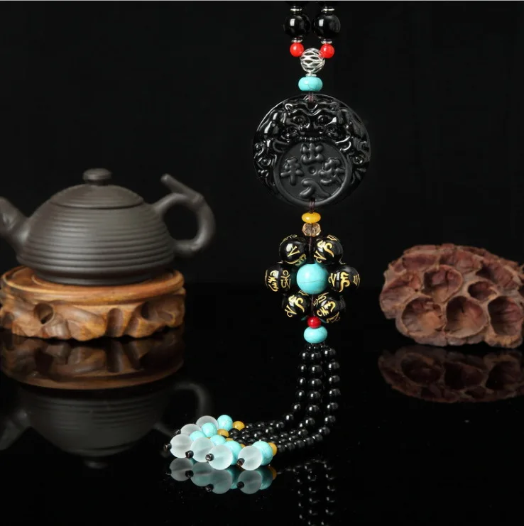 Obsidian Safeness Pendant Car Creative Pendant Obsidian Seven Buddhist Prayer Bead Car Hanging Car Interior Trim Pendant