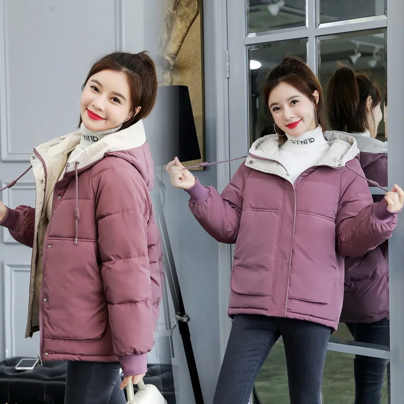 

Short Cotton Coat Women's 2019 Winter New Style Korean-style Thick down Coat Fashion Hooded Contrast Color down Feather Cotton O