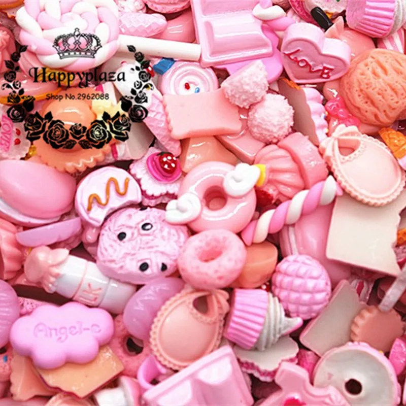 

Mix Designs 20pcs Pink Color Dessert Cartoon DIY Resin Flatback Cabochon Lucky Bag DIY Phone Case Beauty Cra