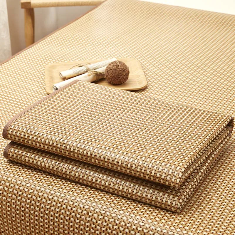 

Summer Rattan Ice Silk Bed Mat Pillowcase Set Both Sides Folding Cool Geometric Grid Mat For Students Home Sleeping