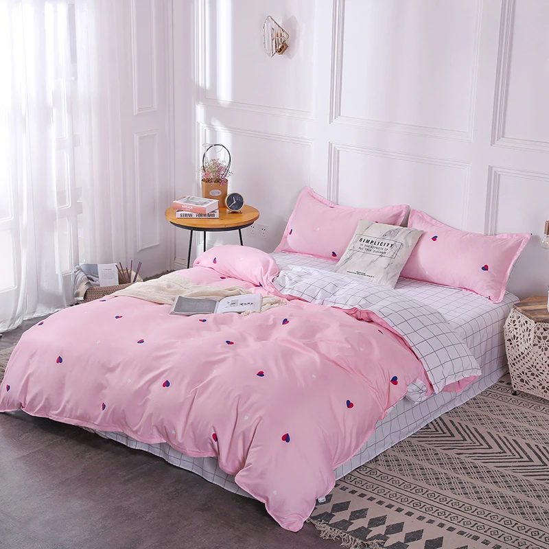 

ANNAs Good Stuff 2019 Hotsale Pink Heart-shape Printing Bedding Set Girls Lovely Princess Style Quilt Cover White Plaid Bedsheet