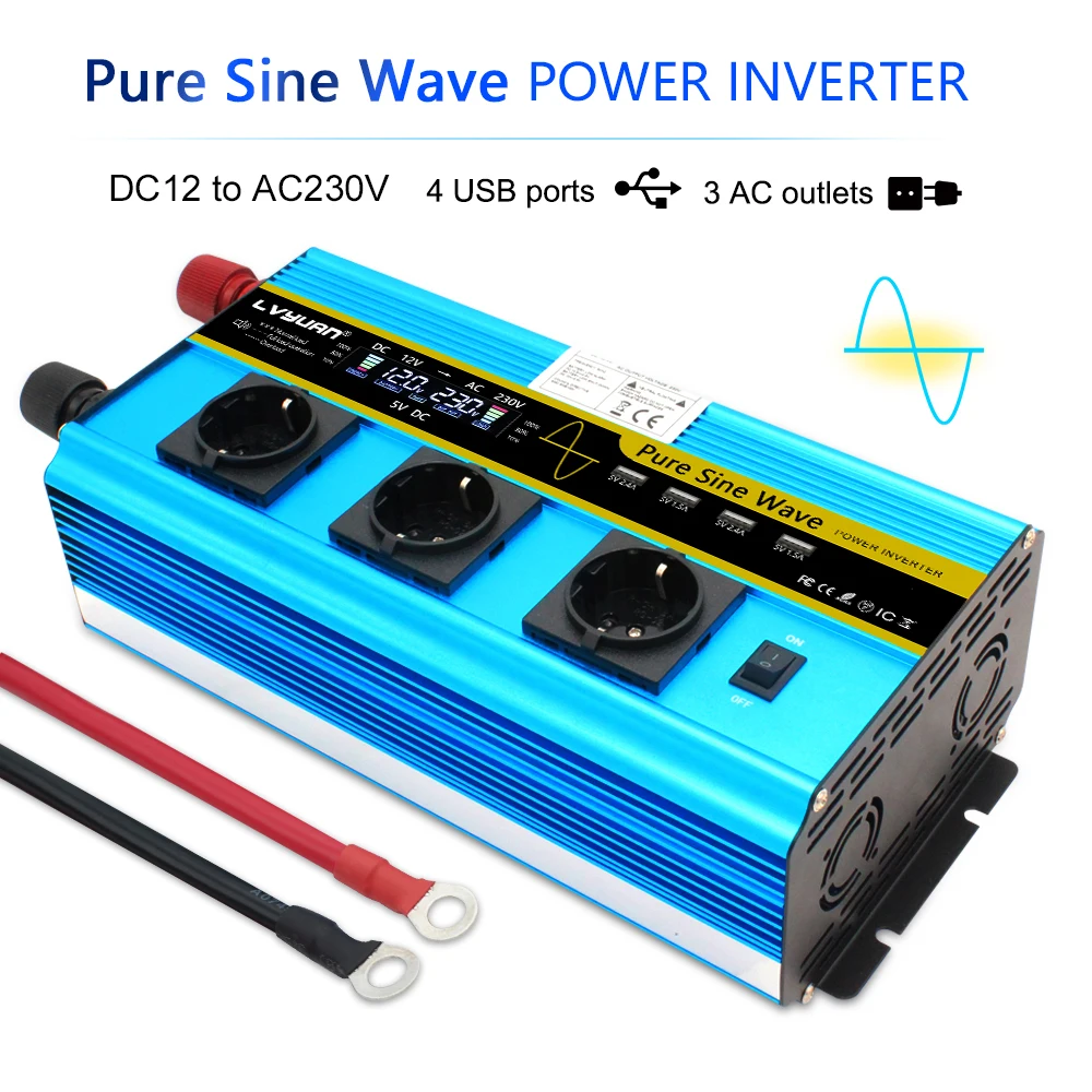 US $149.98 Pure Sine Wave Inverter 12000W Power LCD HomeCar 12V DC to 230V 3 EU Socket 4 USB Wireless Remote Control инвертор 12v 220v