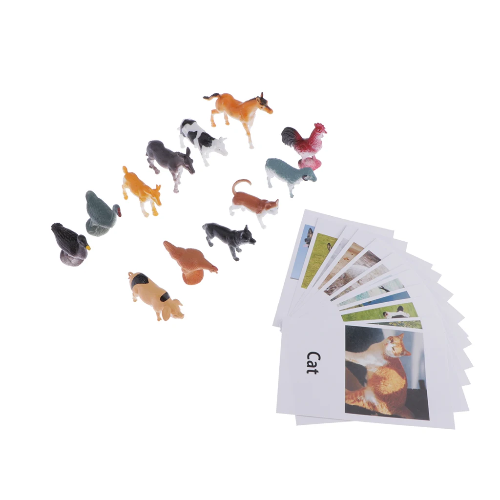 Montessori Learning Materials Toy - 12pcs Miniature Farm Animal Figure Match Set Matching Cards Game