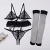 5Pcs Lingerie Set Women Sexy Open Bra Panties Garters Mesh Stockings Black Red Lace Sexy Unlined Bra Set 2021 1