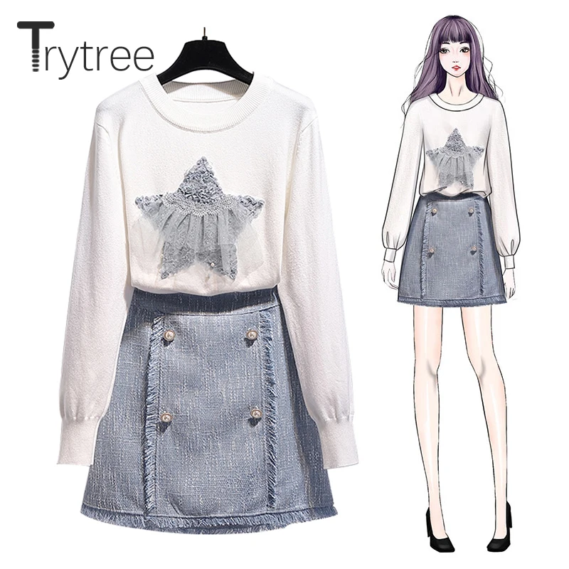 Trytree осенне-зимний комплект из двух предметов Повседневный Свободный Топ с круглым вырезом+ юбка с пуговицами и кисточками А-силуэт комплект для офисной Леди комплект из 2 предметов