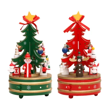 

Christmas Tree Shaped Rotating Wood Music Box Clockwork Handmade Music Box Table Decoration New Year Children Toys Gifts