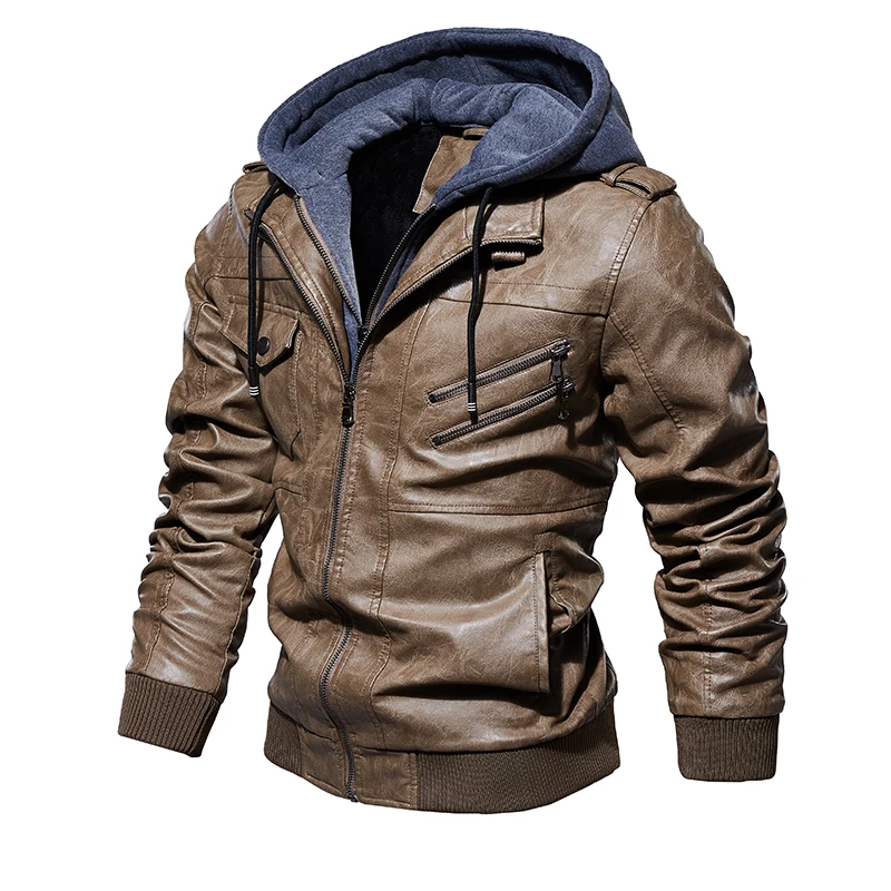Зимняя модная мотоциклетная кожаная куртка, Мужская облегающая косая молния, Куртки из искусственной кожи, осенние мужские кожаные байкерские пальто, теплая уличная одежда - Цвет: DDT14 Khaki