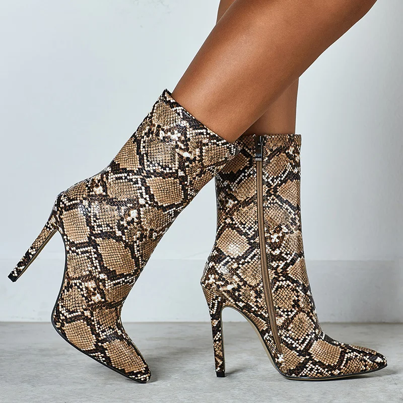 

Women Ankle Boots 11.5cm Thin High Heels Plus Size Serpentine Stripper Boots Gothic Girl Heels Snake Print 2019 Fashion Shoes