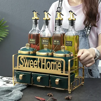 

Creative Ceramic Seasoning Glass Ceramic Jar Oil Salt Sauce Vinegar Household Storage Rack Packaged Combination 11-Piece Set