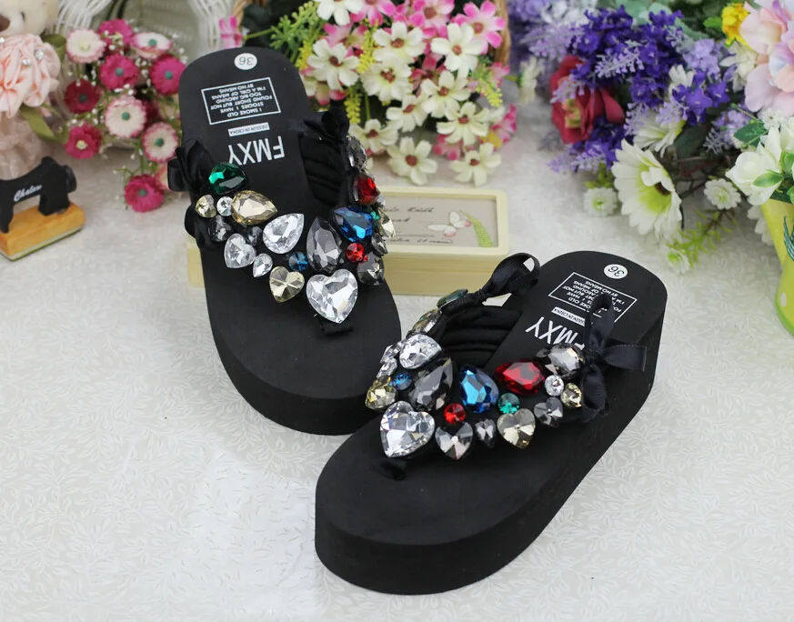2019 Summer New Luxury Crystal Slippers Bow Womens Cheap Black Platform High Heels Comfortable Flip Flops Shoes Discount54