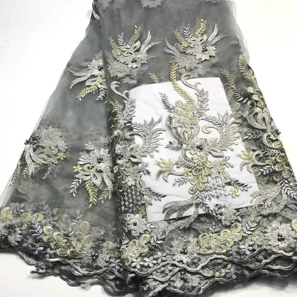 2021 Latest Nigerian Laces Fabrics Gray High Quality African Fabric For Wedding Dress French Tulle Lace With Beads M3121 | Дом и сад