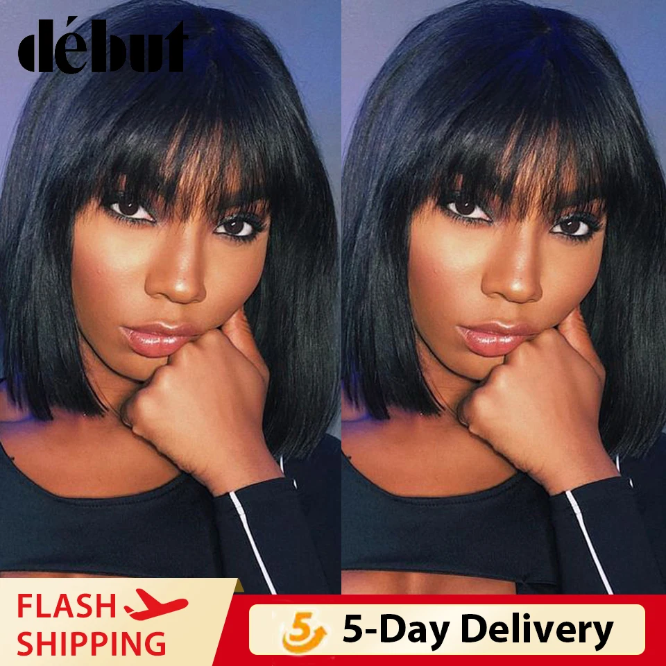 

Debut Bob Wig Human Hair Wigs For Women Brazilian Straight Remy Human Hair Short Black Wigs With Bangs Omre 99J Red Cheap Wigs