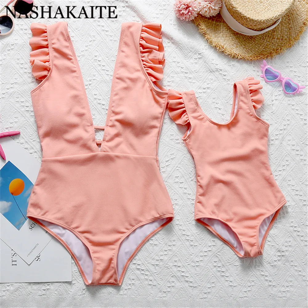 NASHAKAITE la madre y la hija Rosa Push Up de una pieza con volantes traje de baño Sexy de una sola pieza 2021 juego trajes de baño