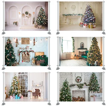 

Christmas Party Photography Backdrop Photocall Wood Wall Floor Fireplace Decoration Background Retro Christmas Tree Backdrops