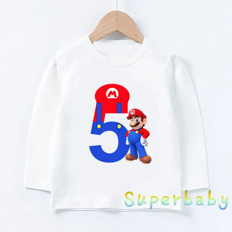 Детская футболка с принтом «Happy Birthday Super Mario» и цифрой 1-9, Забавные топы с рисунками для маленьких мальчиков и девочек, Детская футболка с длинными рукавами, LKP5233