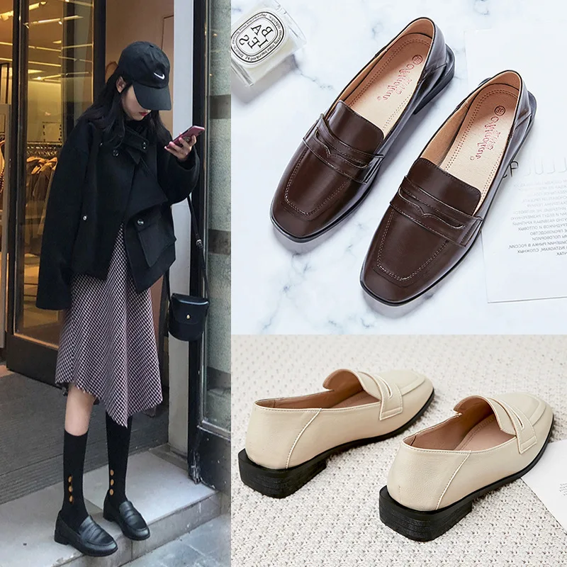 

Small Leather Shoes Women's 2019 Autumn New Style Square Head Flat British Style Loafers Women's Slip-on Chunky-Heel Shoes H133