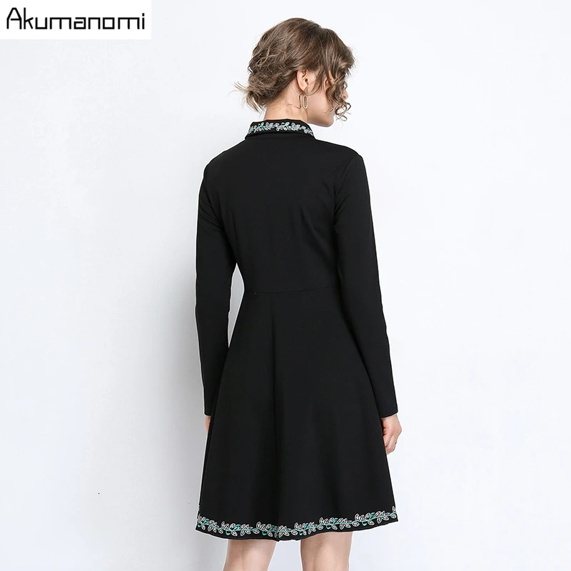 Осенне-весеннее женское платье больших размеров 5xl 4xl с вышивкой, с отложным воротником, с длинным рукавом, черные Повседневные Вечерние платья для офиса, Vestido Robe