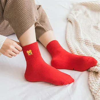 

1Pairs Adults Kids Unisex Embroidery Socks Cotton Year Of The Rat Warm Socks Winter warm Middle Red Socks chausettes femme hiver