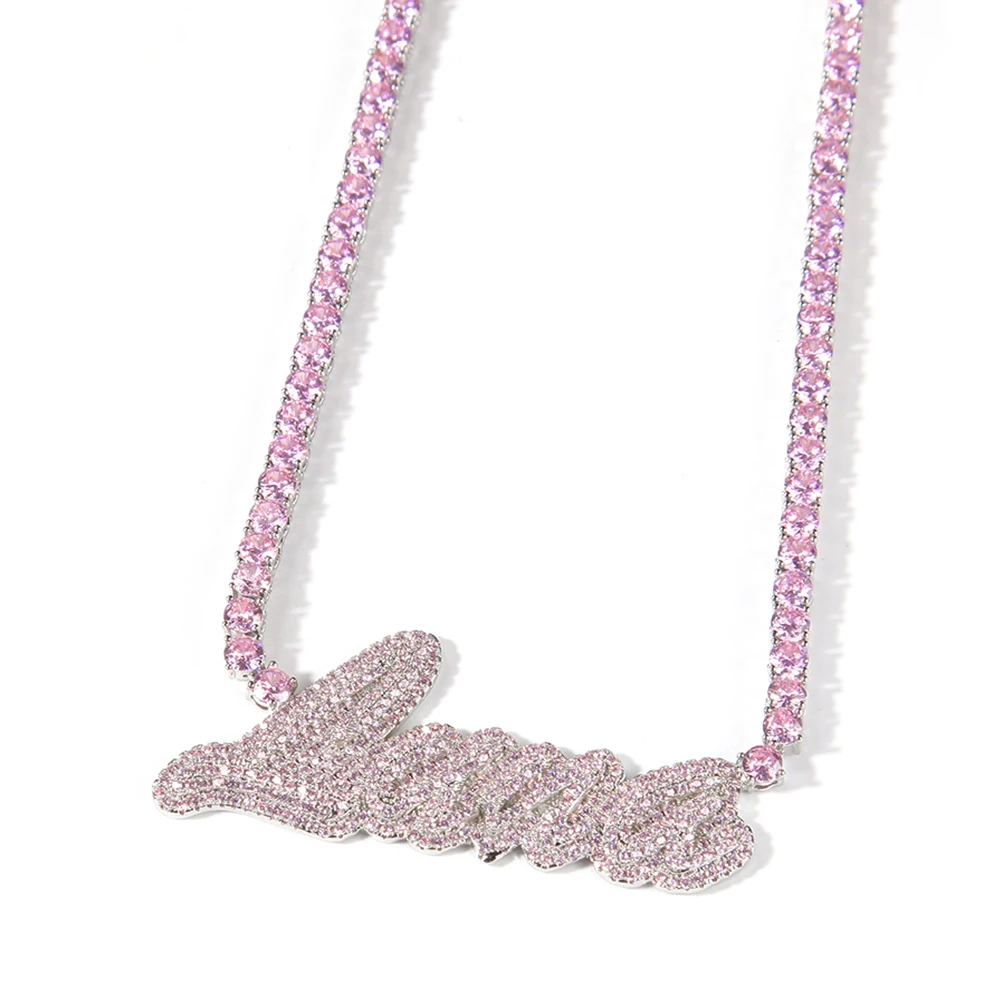 TBTK Custom Name Necklace Cursive Letter Iced Out Pink Cubic Zircon With Tennis Chain Necklace Fashion Hiphop Jewelry
