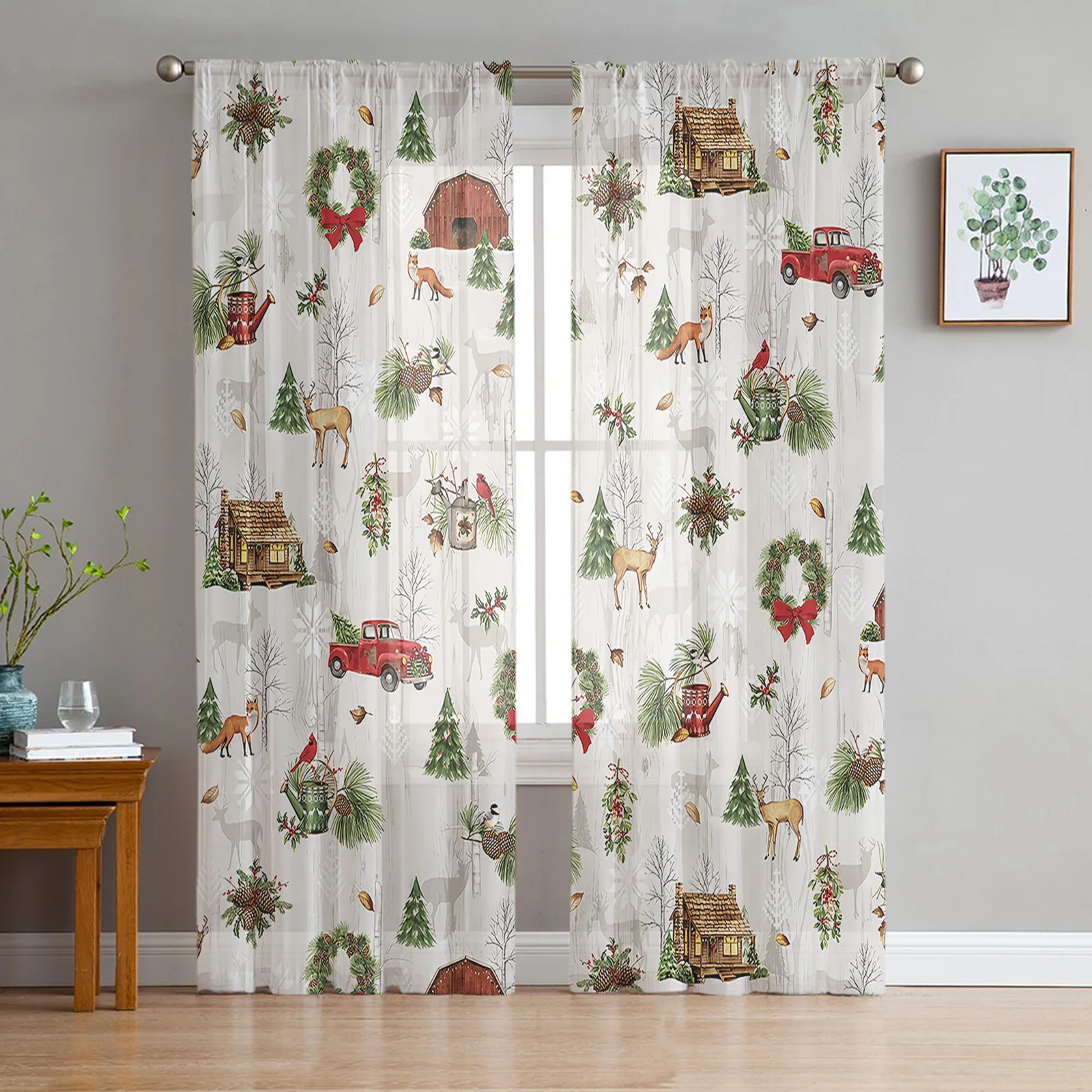 Рождественские красные прозрачные шторы в стиле ретро с грузовиком