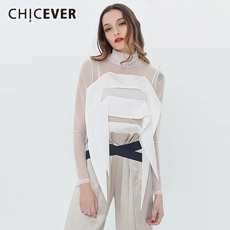 Женская ажурная футболка CHICEVER с оборками и высоким воротником длинными рукавами