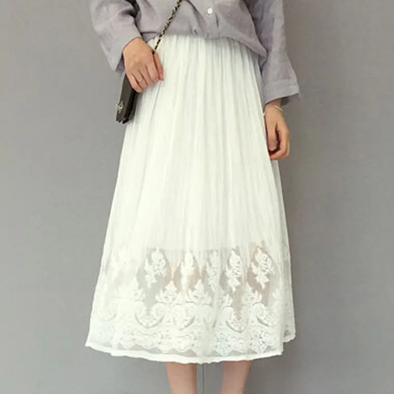 Женская плиссированная юбка, сетчатая кружевная юбка с тюлем, высокая талия, женская юбка, сексуальные полые макси длинные юбки, белые, черные женские юбки, Новинка