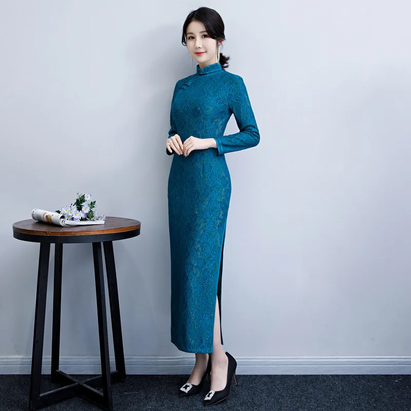 Китайское элегантное вечернее платье тонкий длинный Qipao ручной работы Кнопка Qipao Плюс размер M-4XL сексуальные кружева Чонсам с высоким разрезом