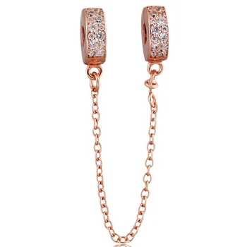 

New 925 Sterling Silver Bead Charm Rose Gold Shining Elegance With Crystal Safety Chain Bead Fit Pandora Bracelet Diy Jewelry