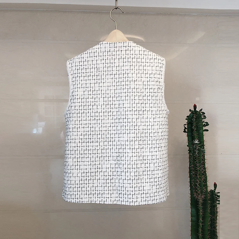 

Woman Elegant Sleeveless Jackets High Quality Fashion Single Breasted Slim Vest Spring Summer Black White Tweed Jacket Waistcoat