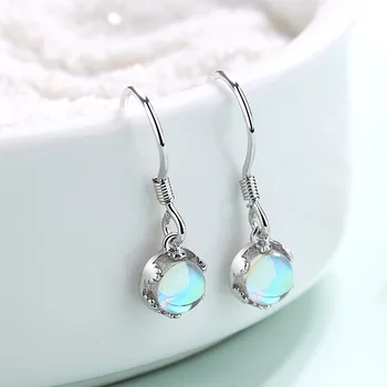 

925 Sterling Silver Round Moonstone Drop Earrings Hypoallergenic For Women Fashion Wedding Gift Jewelry eh1214