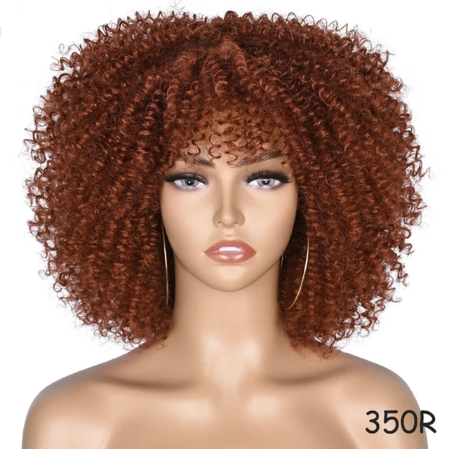 Short Hair Afro Kinky Curly Wig With Bangs Loose Synthetic Cosplay Fluffy Natural Wigs For Black Women Dark Brown 10